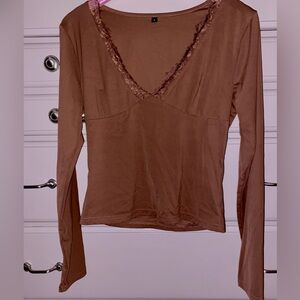 Brand new chocolate brown V neck long sleeve stretch fit top size L